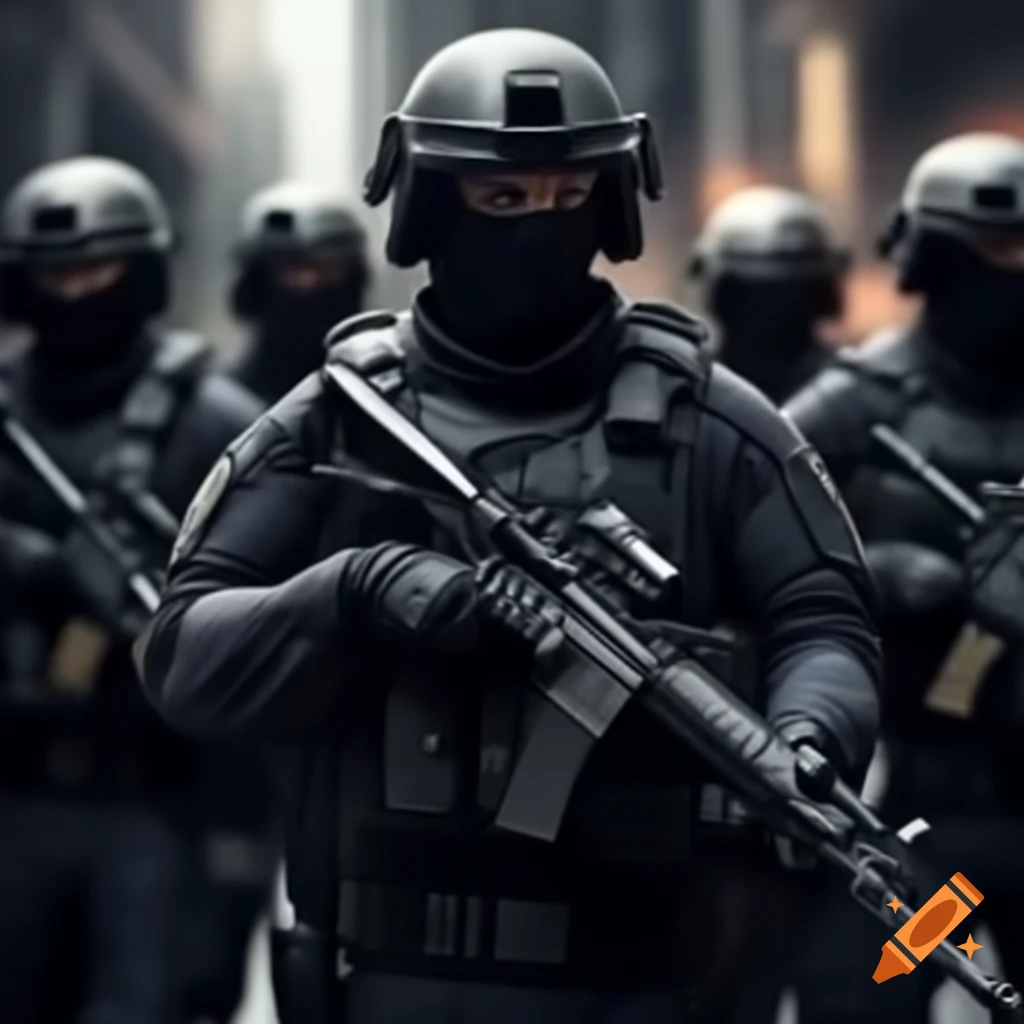 Paramilitary SWAT team in tactical gear ready for action