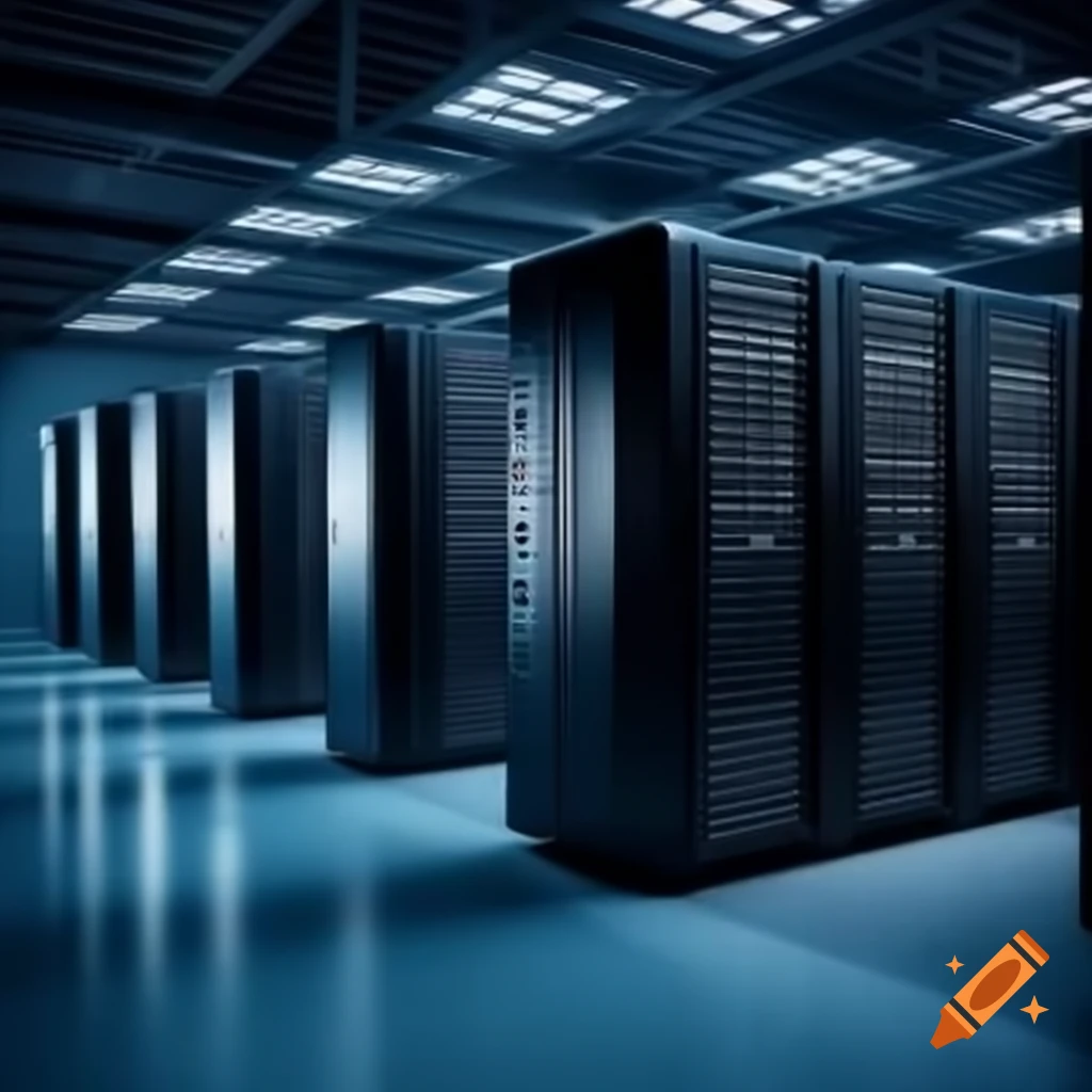 Room with large light grey computer servers in racks