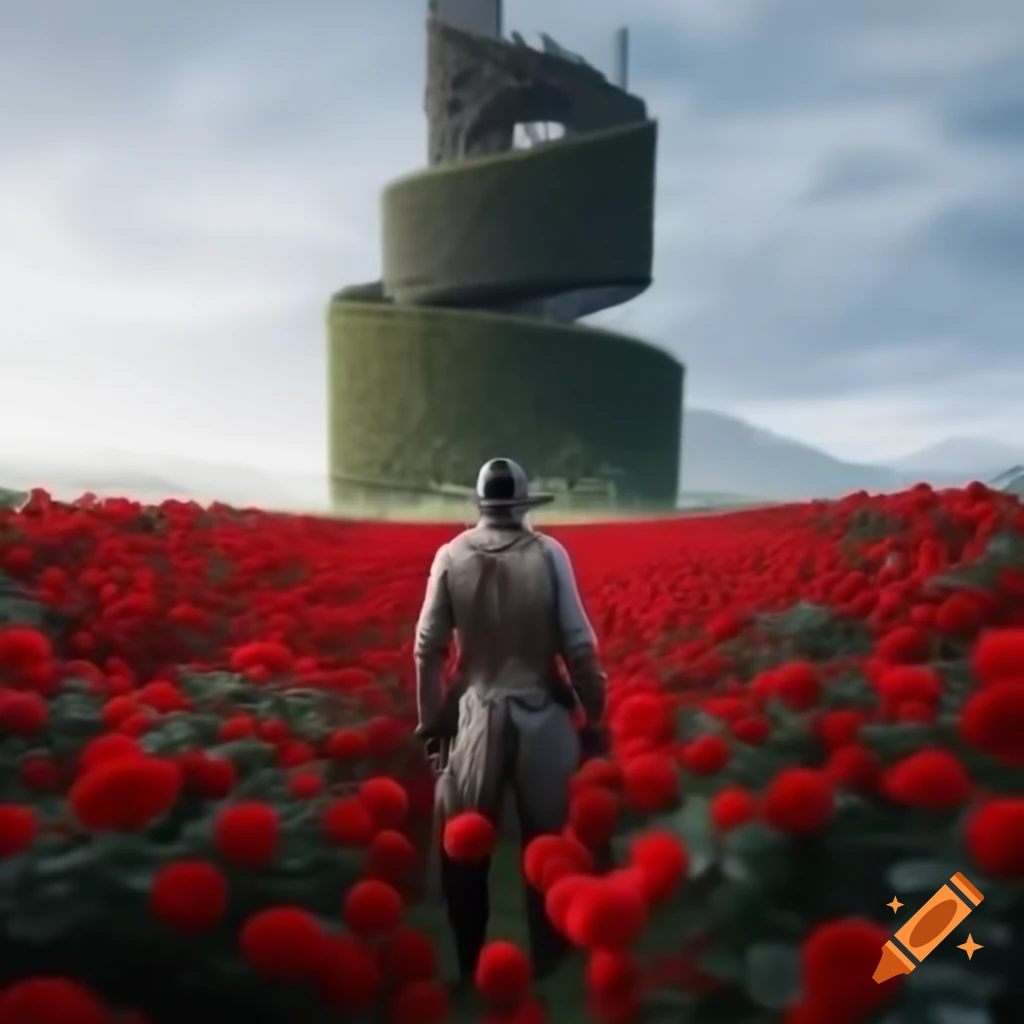 Gunslinger in a field of red roses gazing at spiraling black tower