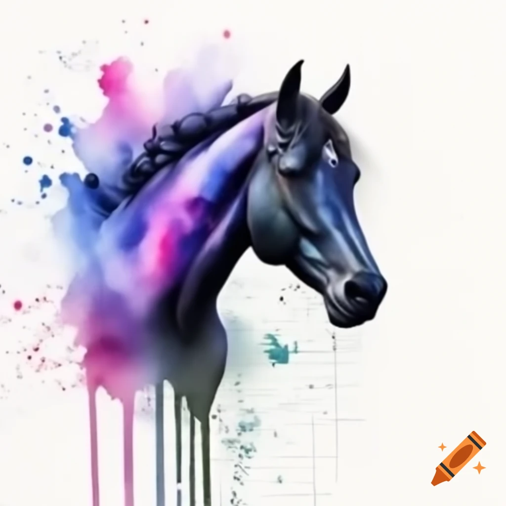 Colorful watercolor horse with blue, pink, purple, and green splashes
