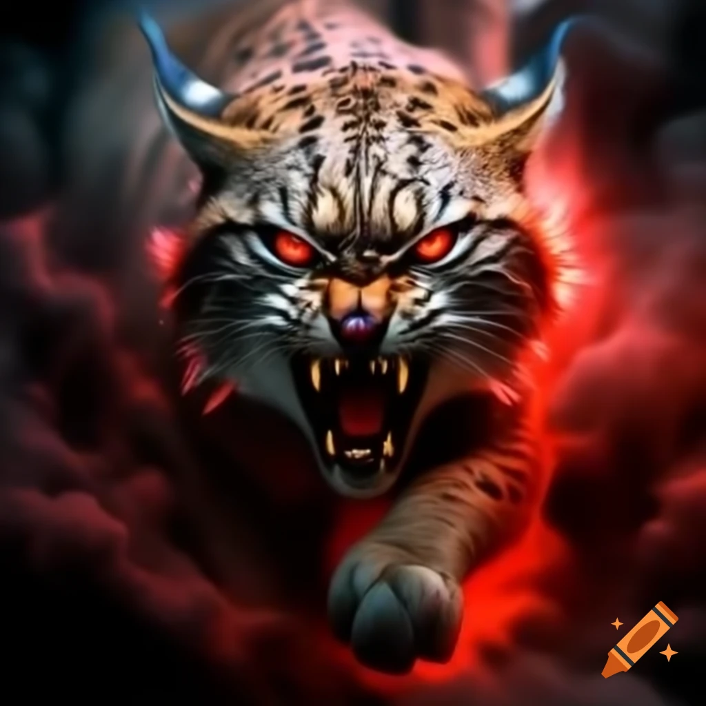 Lynx face emerging from red mist with glowing eyes