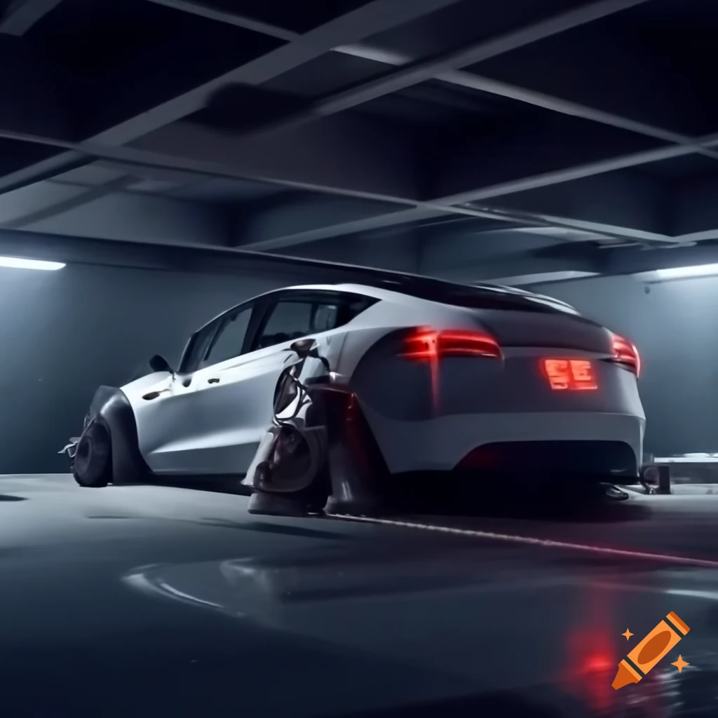 Tesla Model Y with exposed motor in dark underground parking lot, rear view