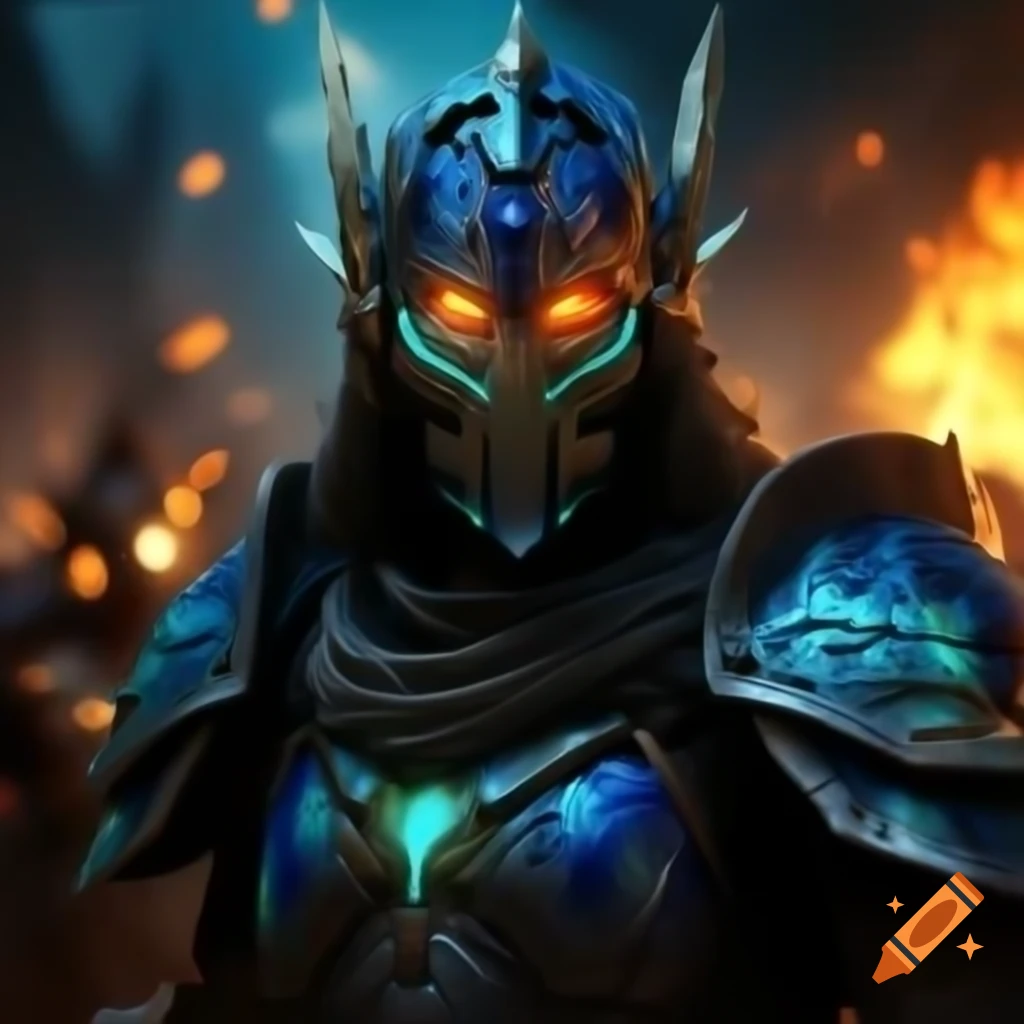 Bioluminescent warrior in cobalt armor firing lasers on fantasy battlefield