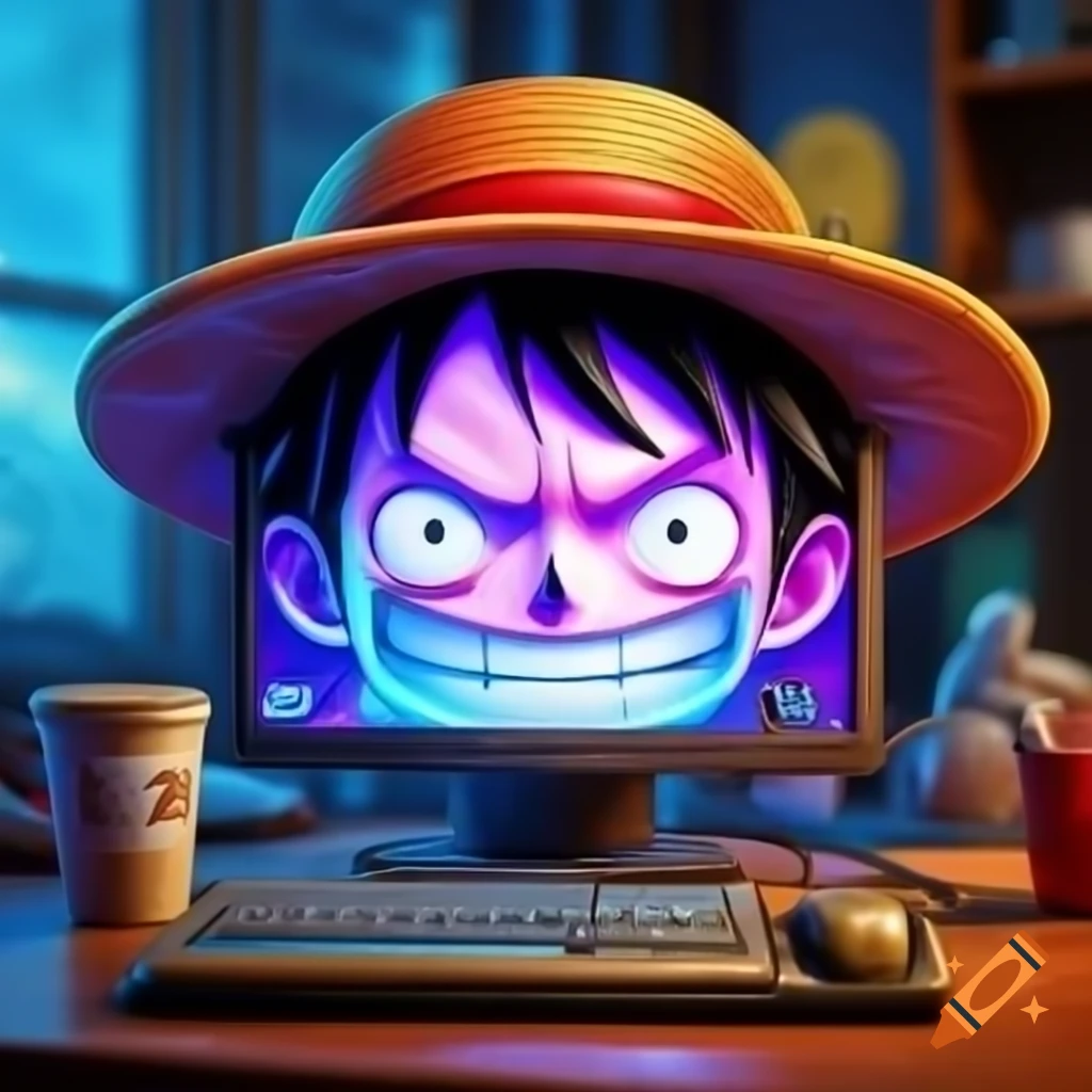 Computer adorned with a Luffy hat from anime