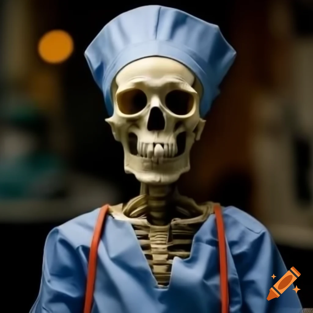 Skeleton dressed in nurse outfit