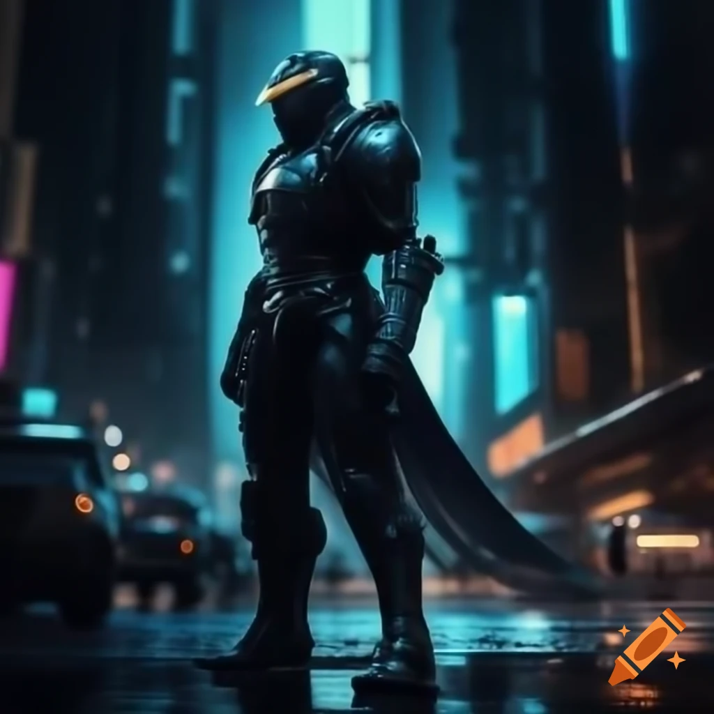 Cybernetic soldier in midnight armor silhouetted against iridescent city with neon lights