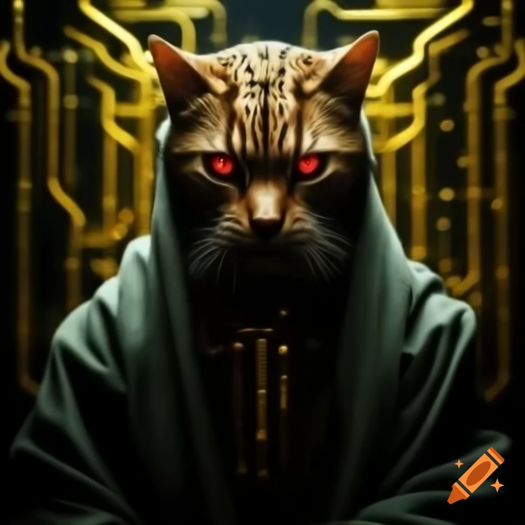 Cybernetic feline creature with gold circuitry and red eyes in neon alley