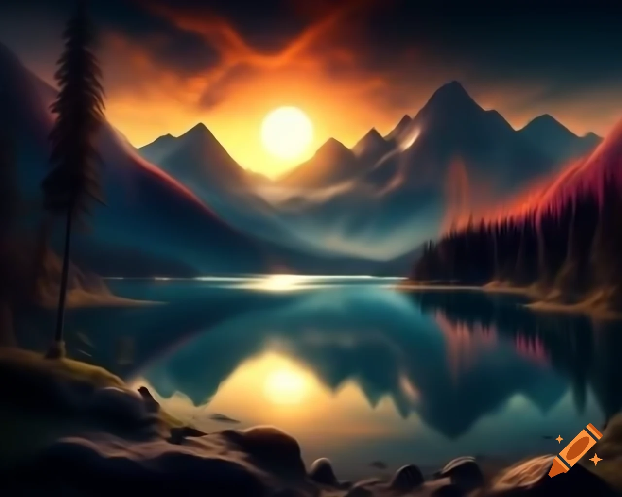 Sunset over mountain lake in photorealistic 3D render with beaming light