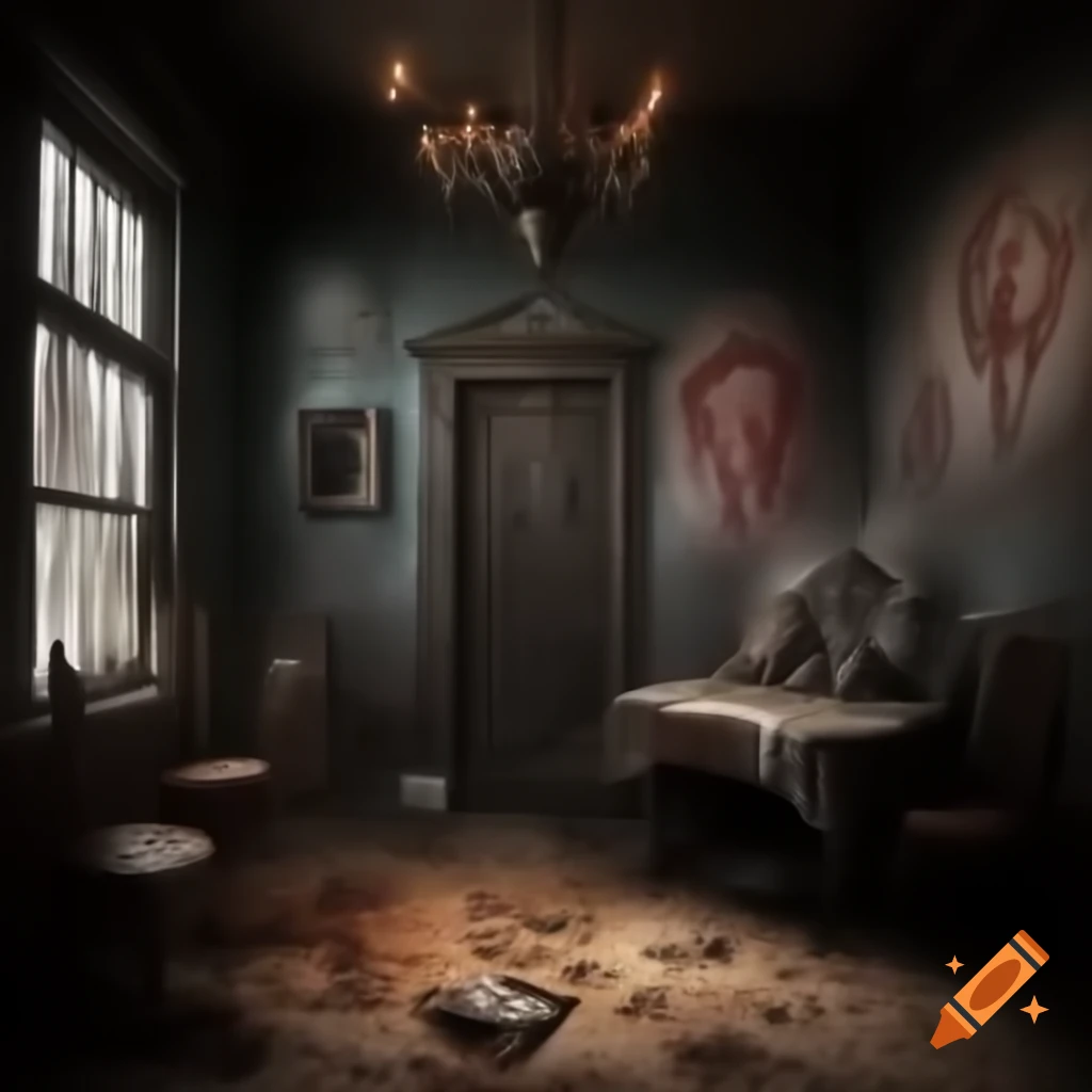 Frightening room with demonic drawings on walls