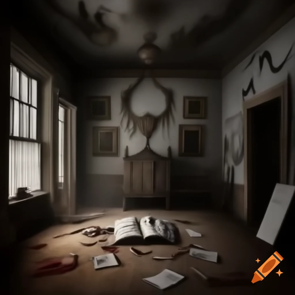 Scary house room with demonic drawings on walls