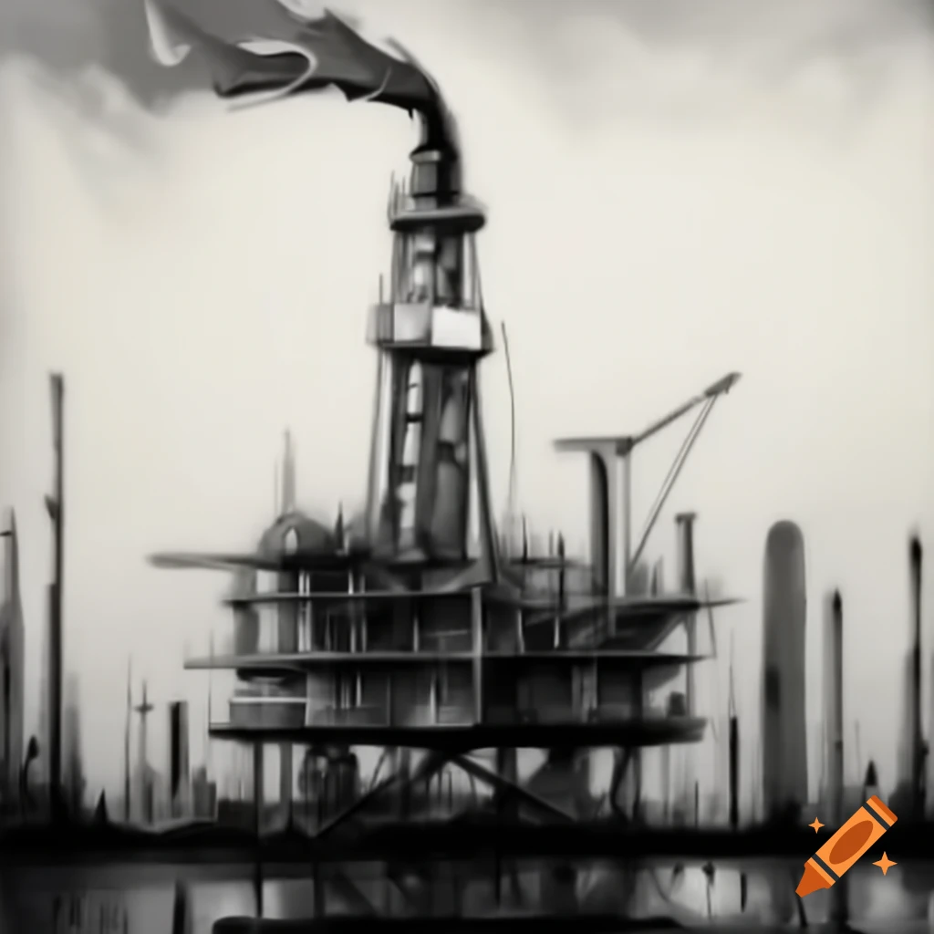 Steampunk-style oil rig complex in charcoal drawing