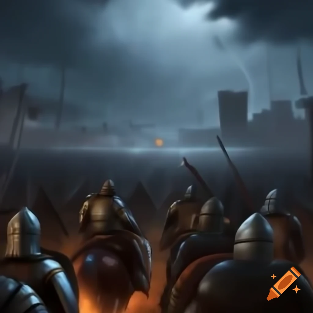 Knights charging on war torn battlefield during rain