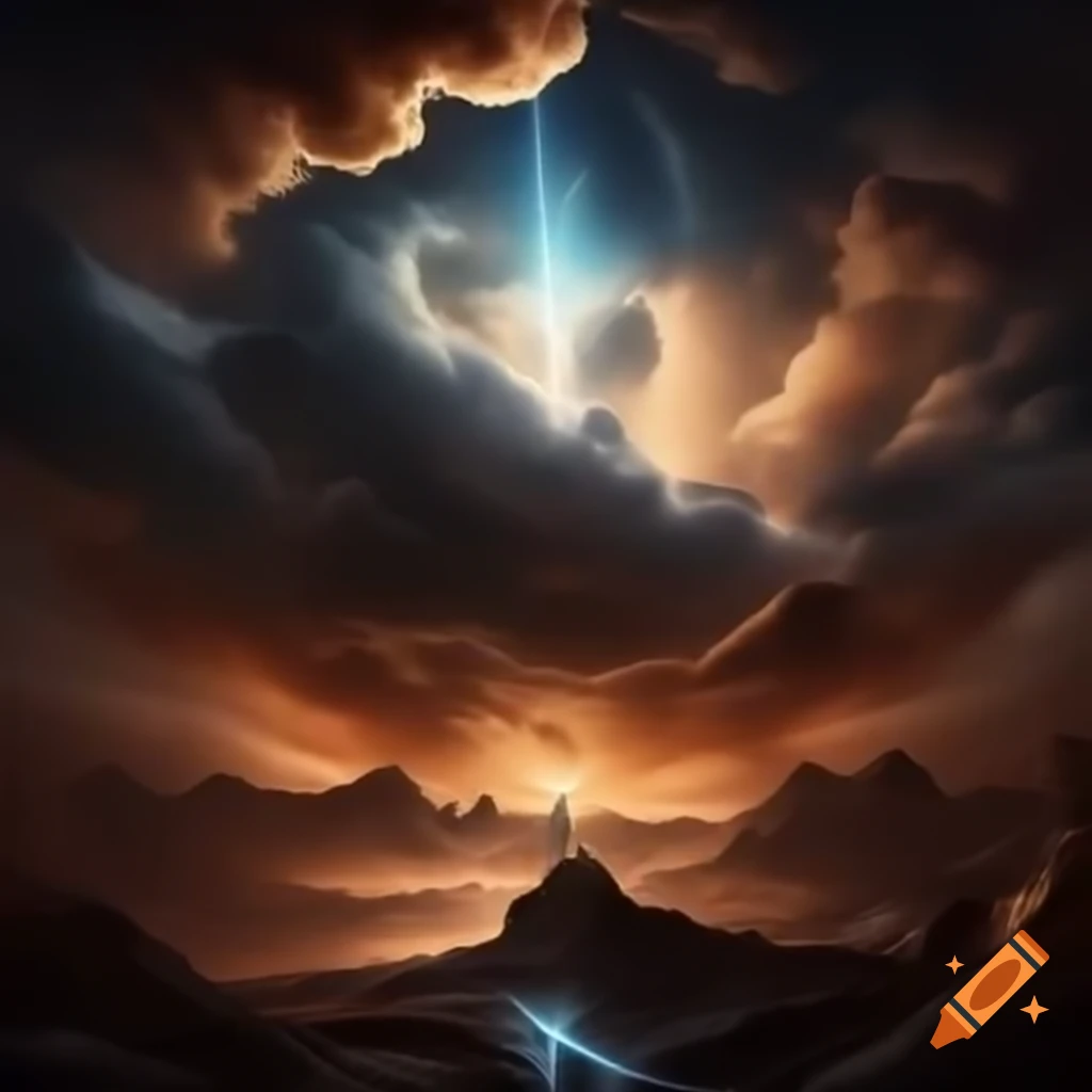 Dramatic scene of Mount Sinai with Moses embraced by divine light and swirling clouds