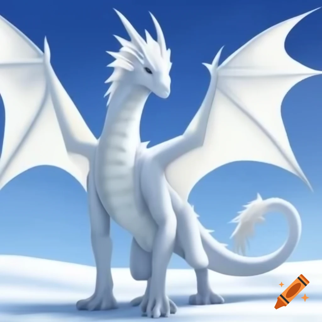 White dragon with light blue underbelly and wings standing in snowy field