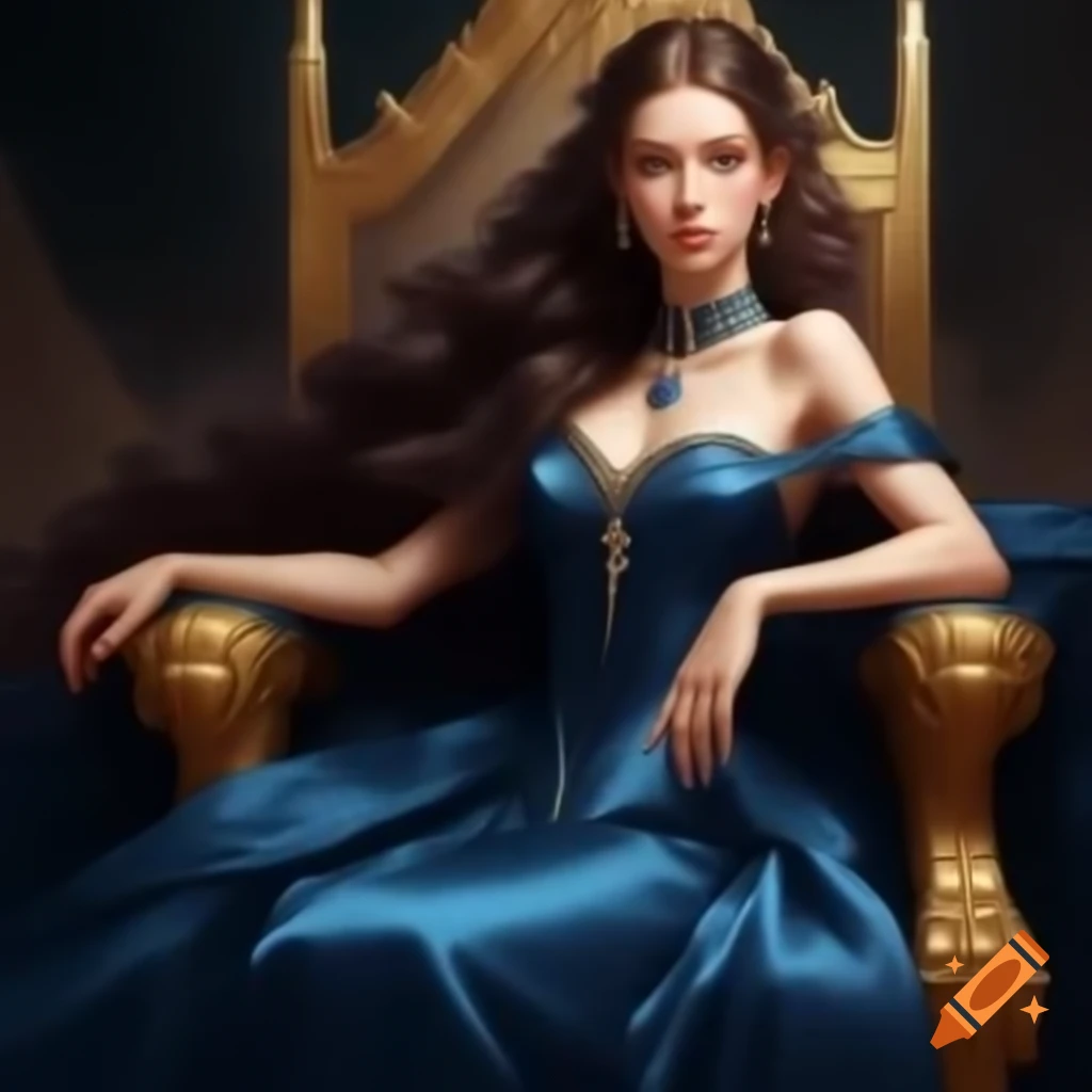 Young empress with brunette hair on golden throne in sapphire silk dress