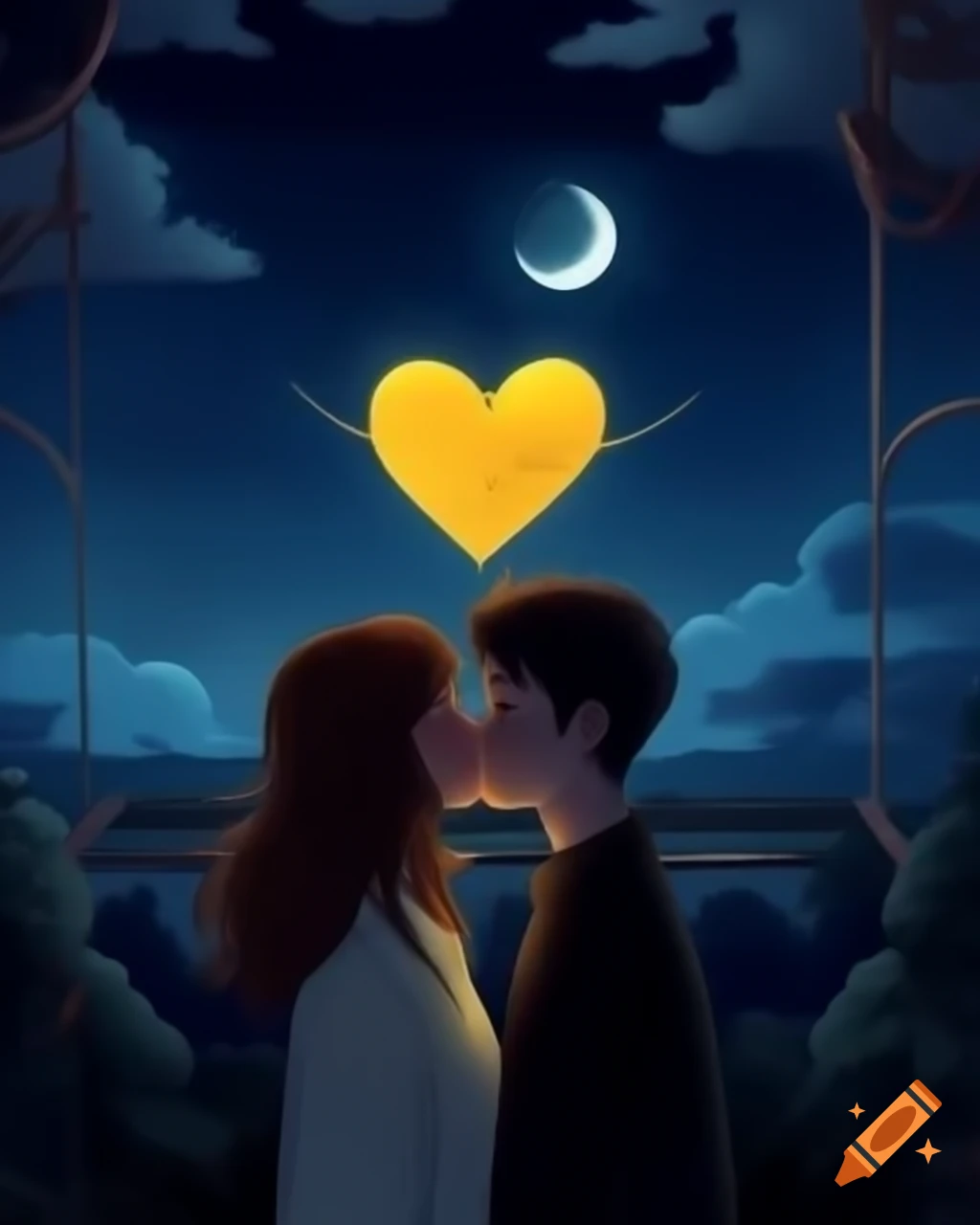 Couple kissing under heart-shaped yellow moon in night sky