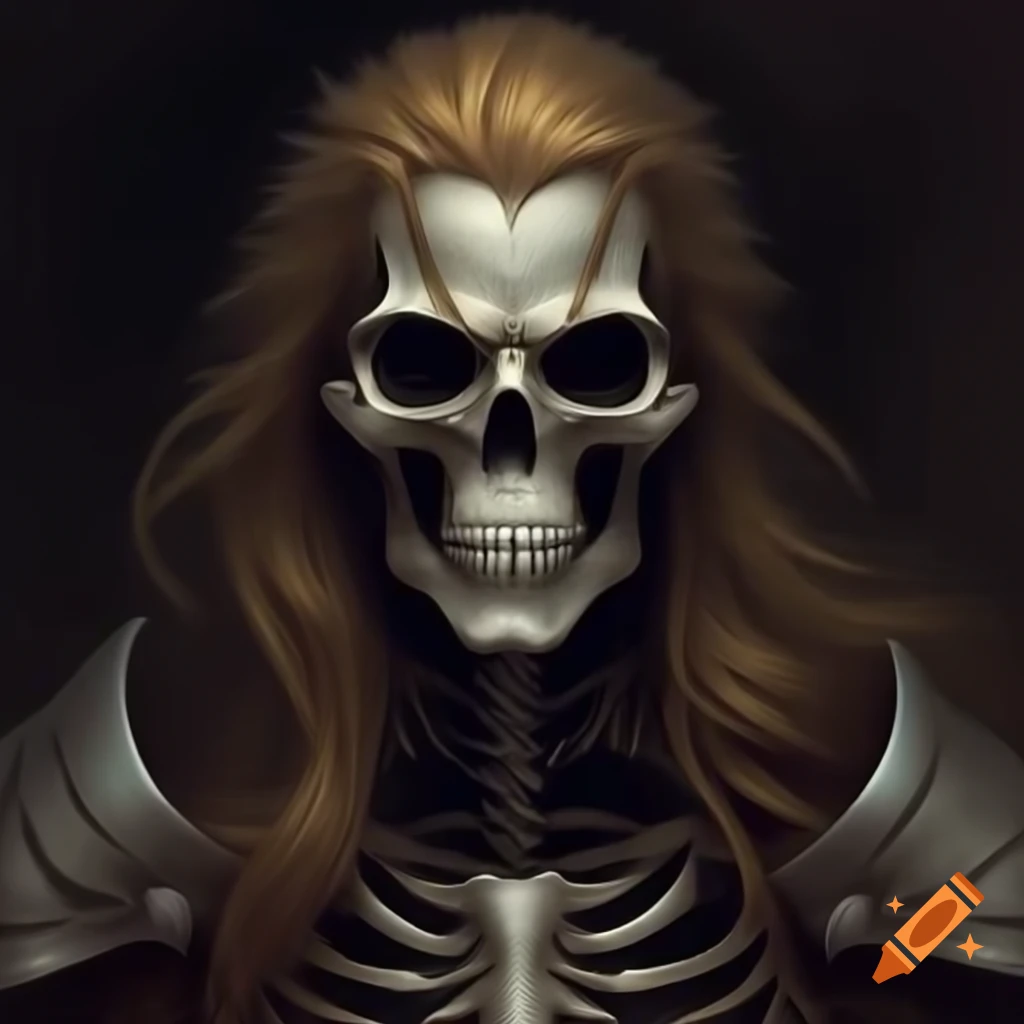 Skeleton paladin character with long flowing hair