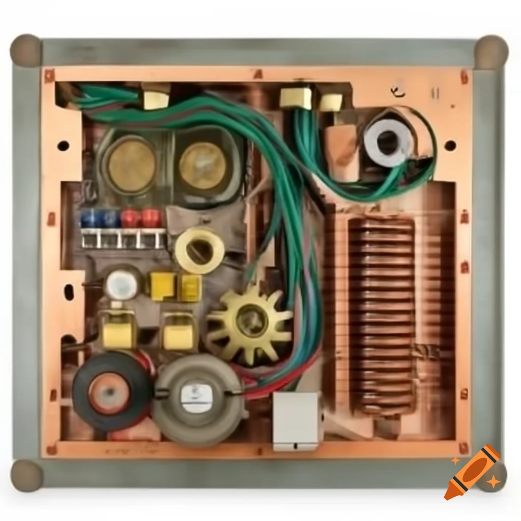 Recessed panel with wires and gears in retro brass and copper style