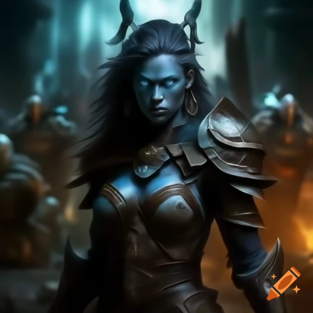 Bioluminescent warrior in cobalt and obsidian armor on fantasy battlefield