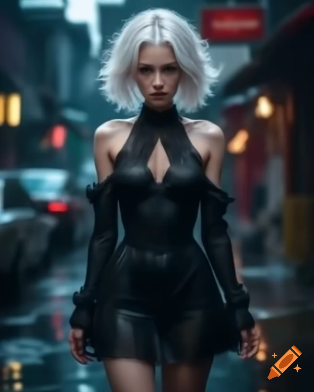 Anime woman with white hair in black dress on a rainy day, realistic style