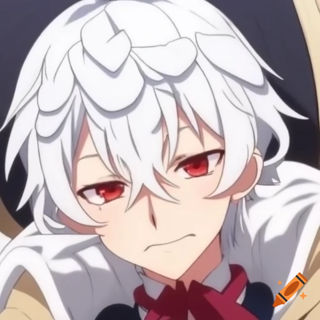 Anime character with white hair, red eyes, and a small hat in 2017 style