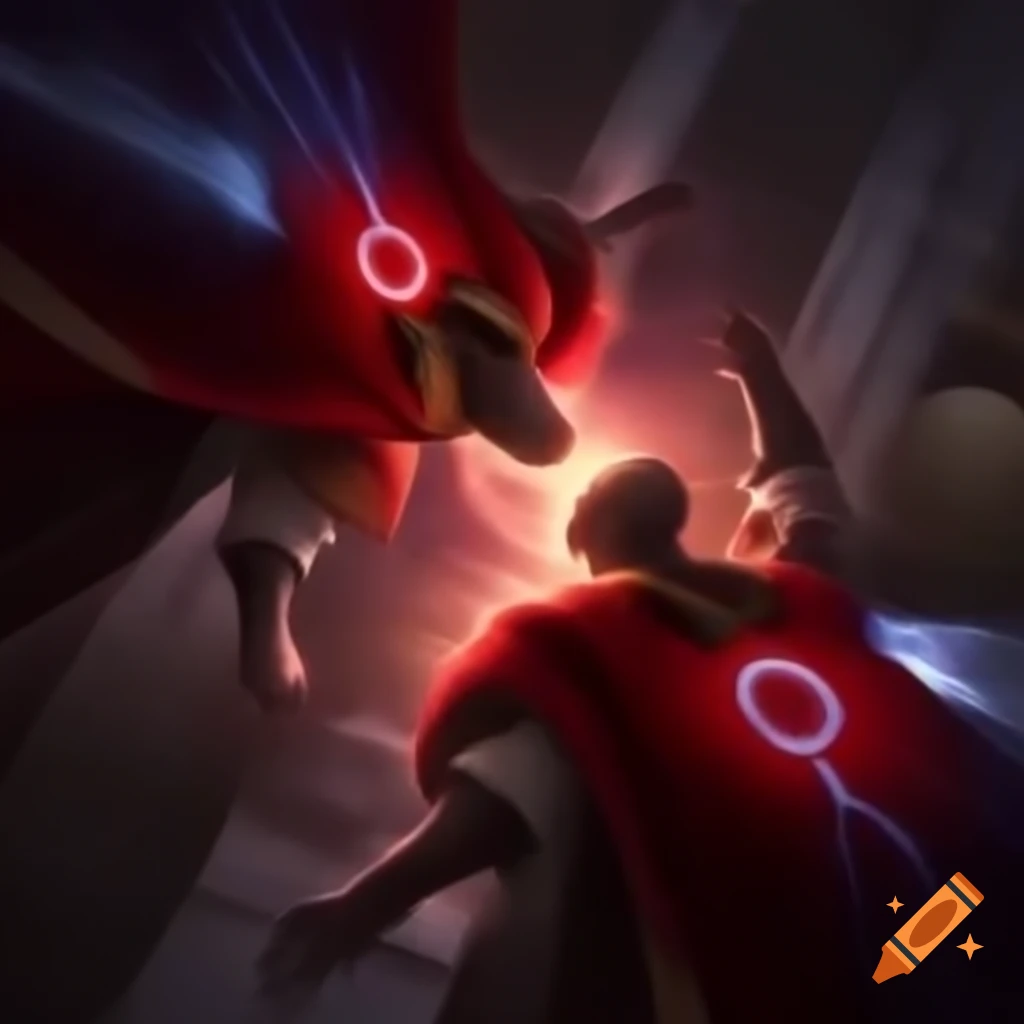 Two red-and-white clad wizard pilots in battle using plasma spells