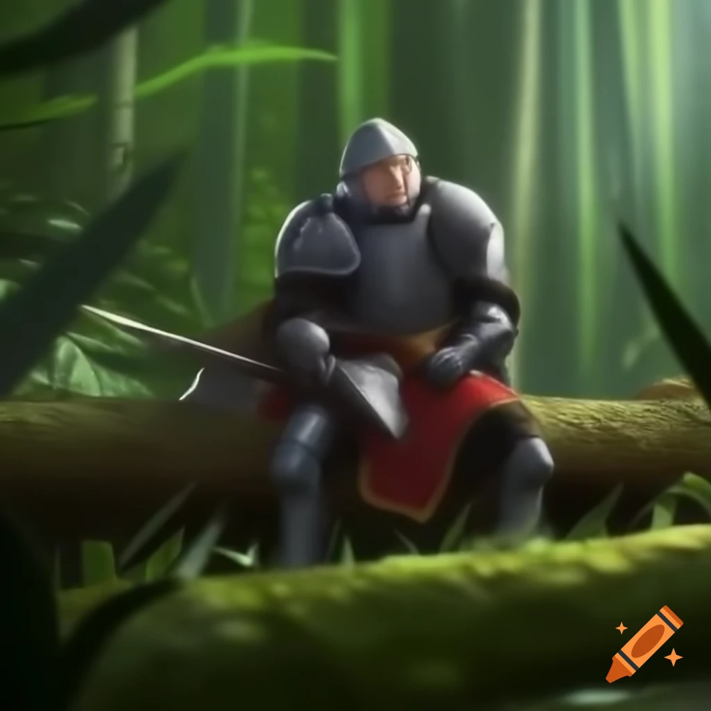 Knight resting on log in lush green forest