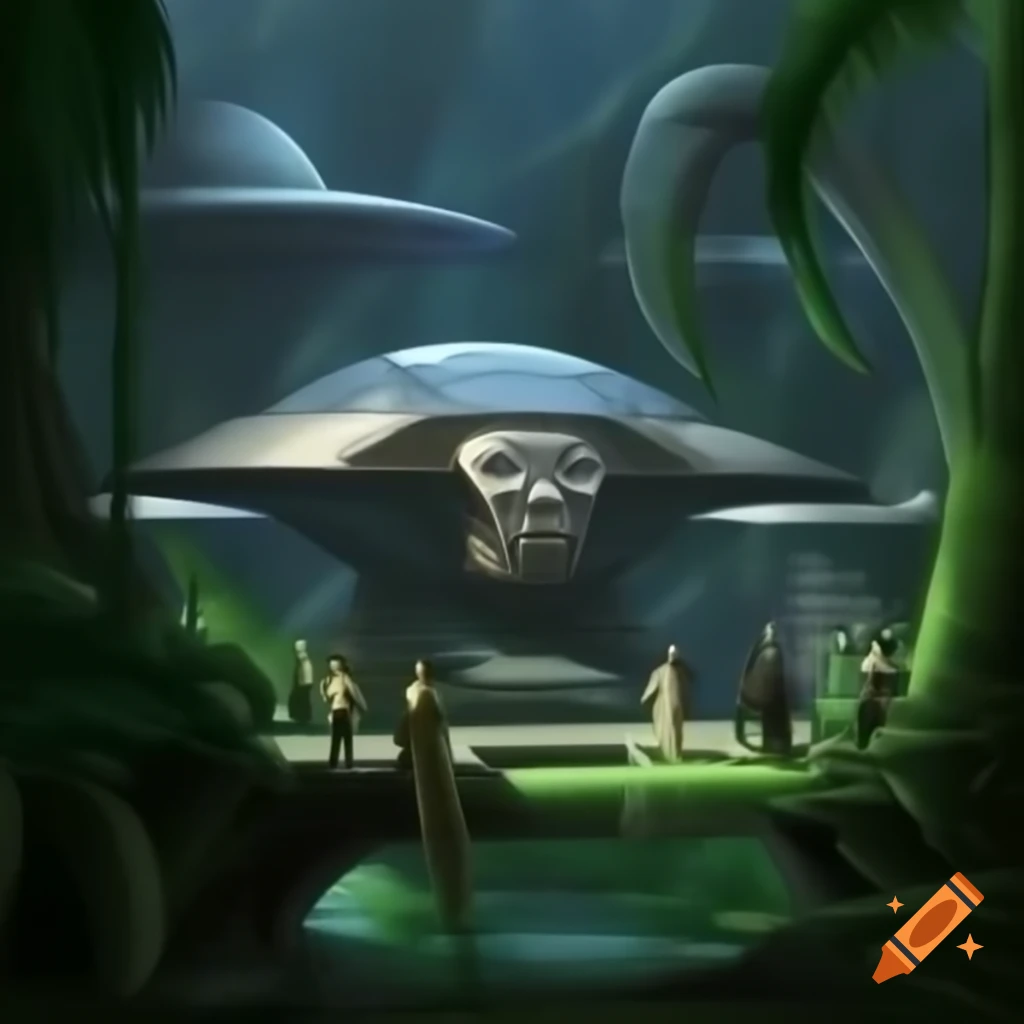 Dynamic image of ancient alien spaceships and hybrid chimpanzee people in Amazon jungle