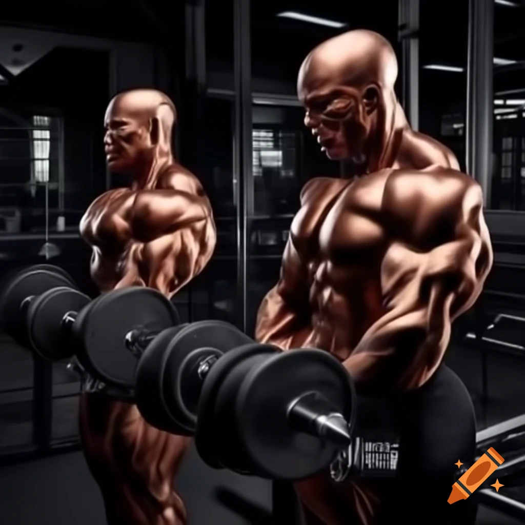 Copper ingots with humanoid arms lifting weights in gym setting
