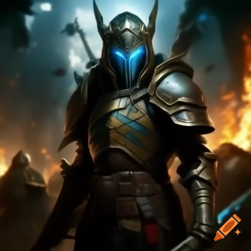 Bioluminescent warrior in cobalt armor firing lasers on fantasy battlefield