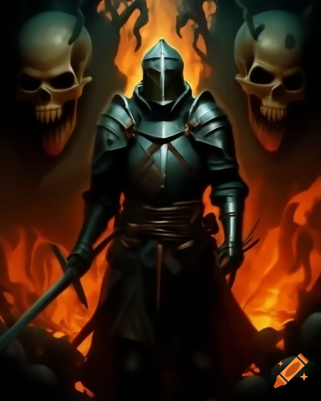Knight in armor confronting skeleton surrounded by flames in dark fantasy setting