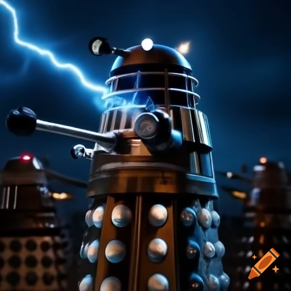 Two wizards in battle using lightning spells against a Dalek
