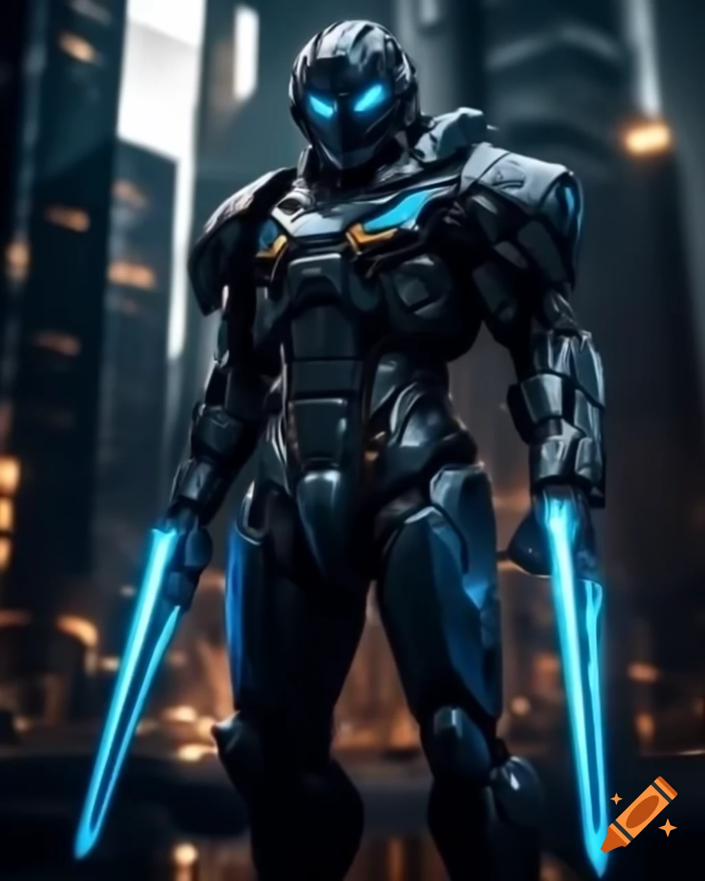 Grim warrior in black and cobalt armor against shimmering cityscape