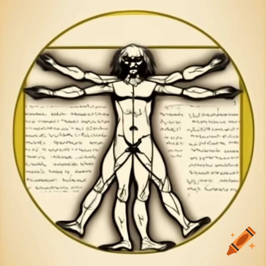 Vitruvian BadgerMan monochrome ink drawing by John 'da vinci' Conway