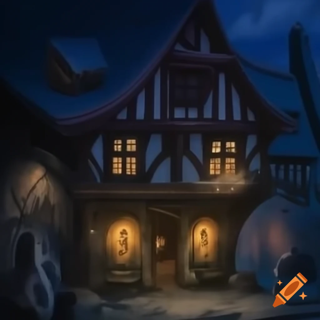 Medieval tavern at night with horse in front