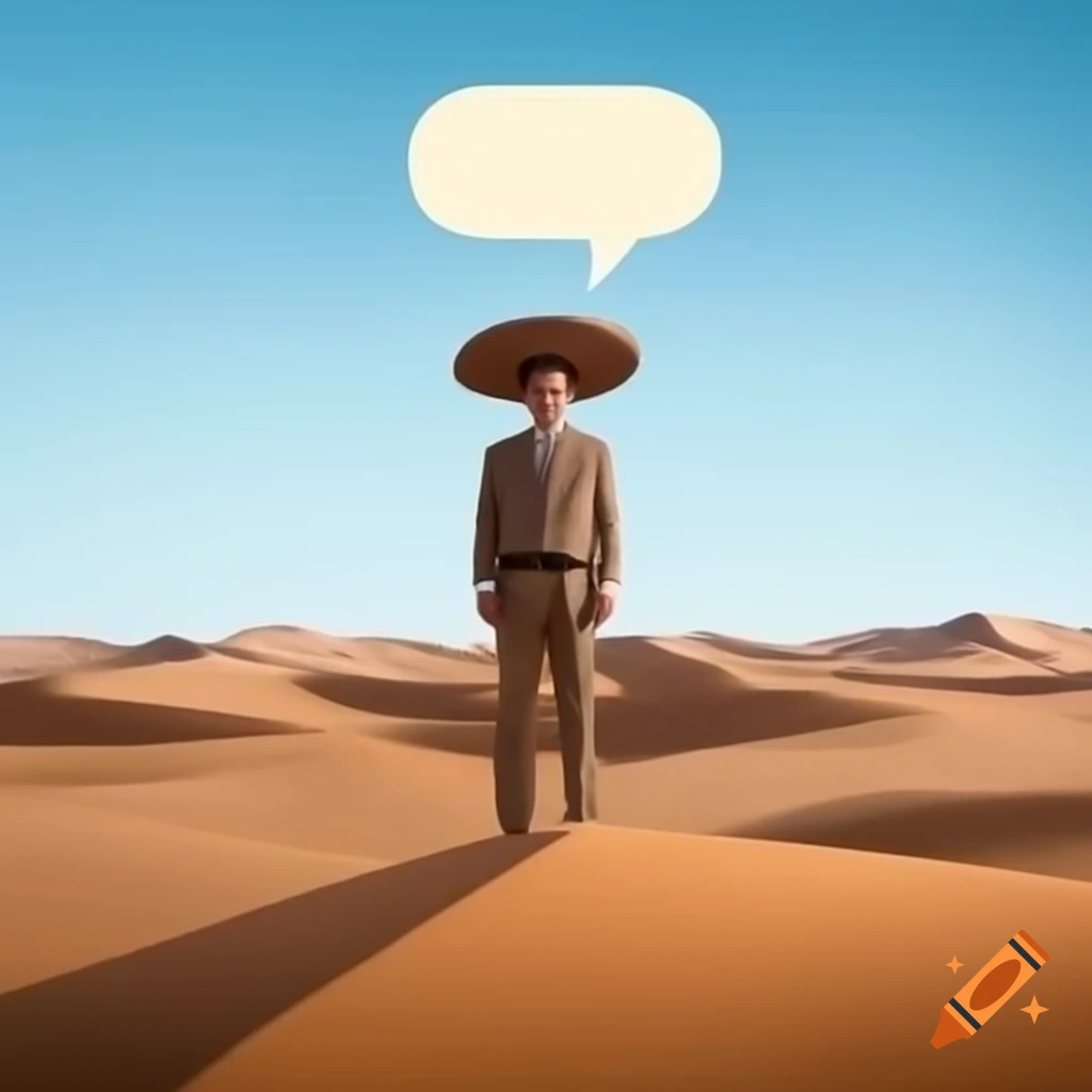 Person in traditional Mexican attire in desert with speech bubble