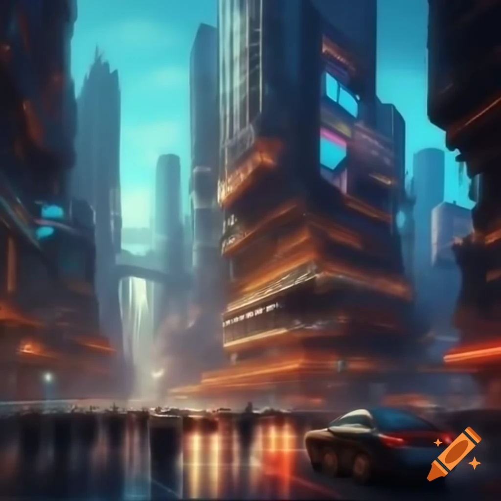 Futuristic cityscape with towering skyscrapers and holographic elements