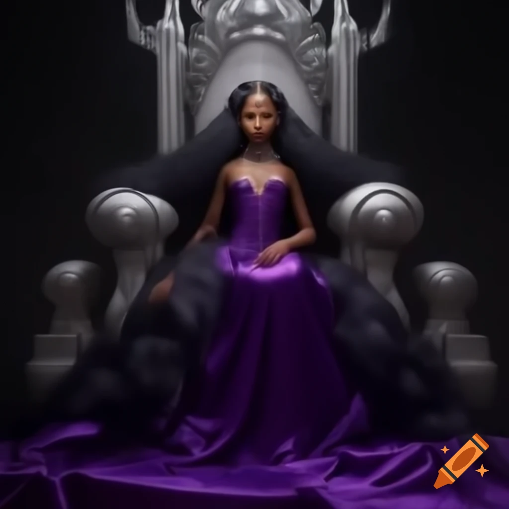 Young empress in black and purple silk dress sitting on silver throne