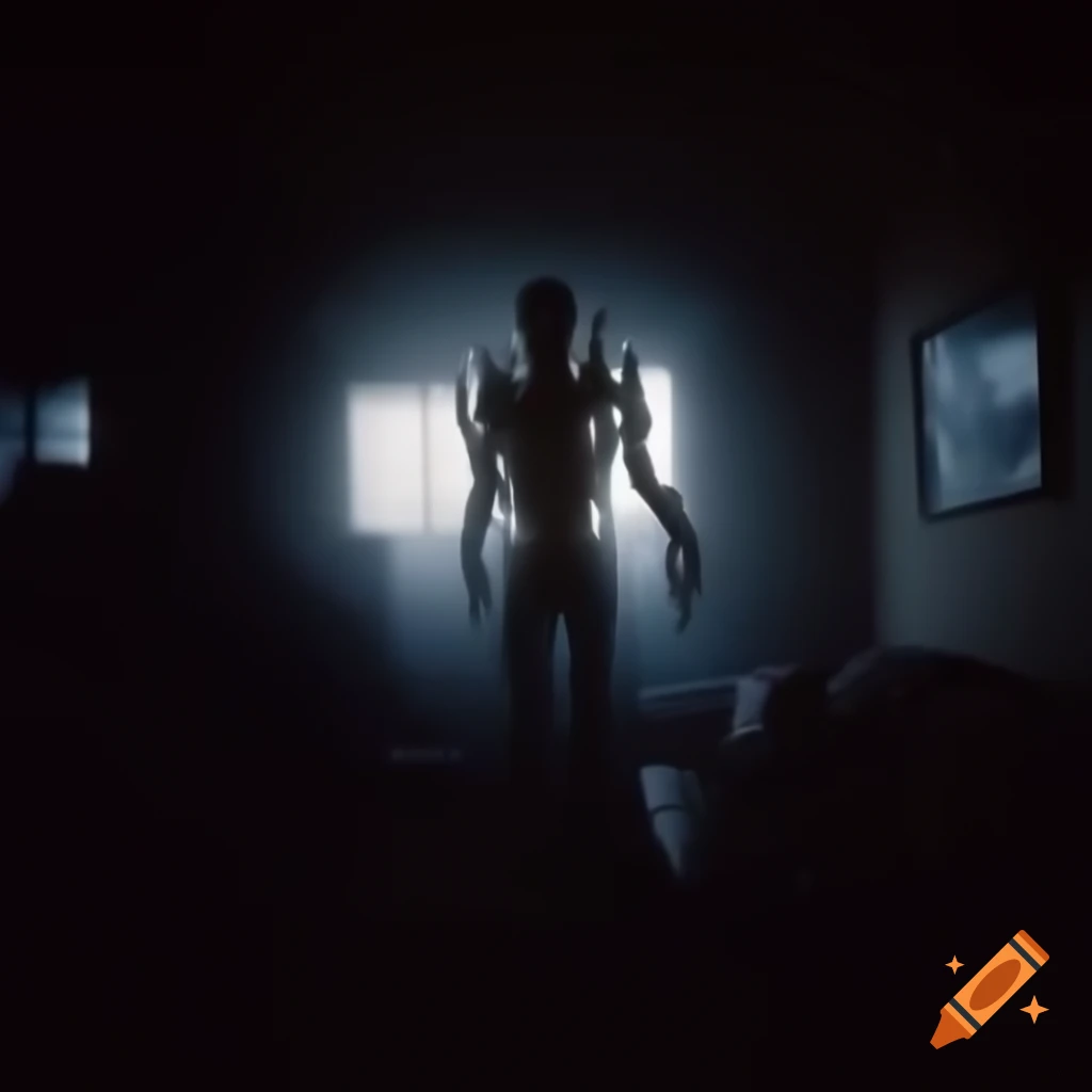 Shadow monster silhouette of a male entity in a living room at night, photorealistic