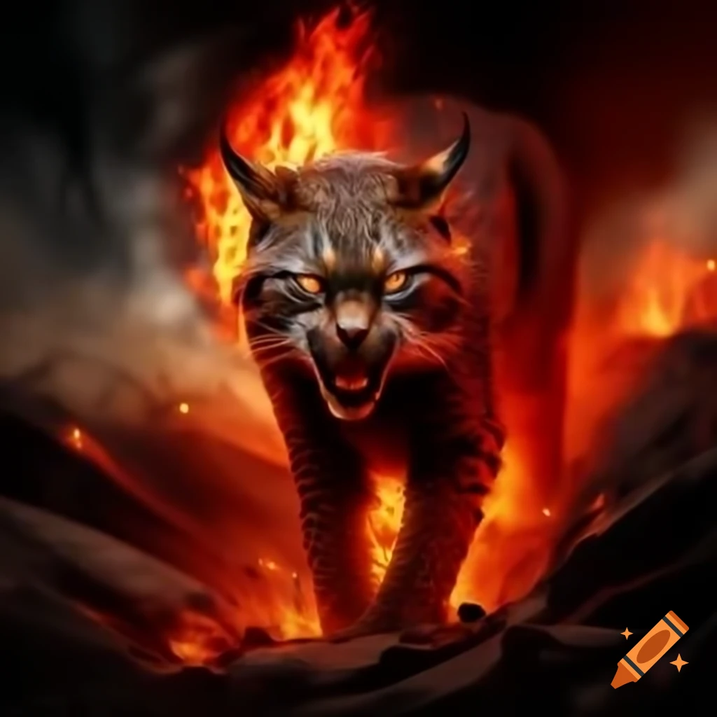 Shadowy lynx emerging from raging fire and red smoke