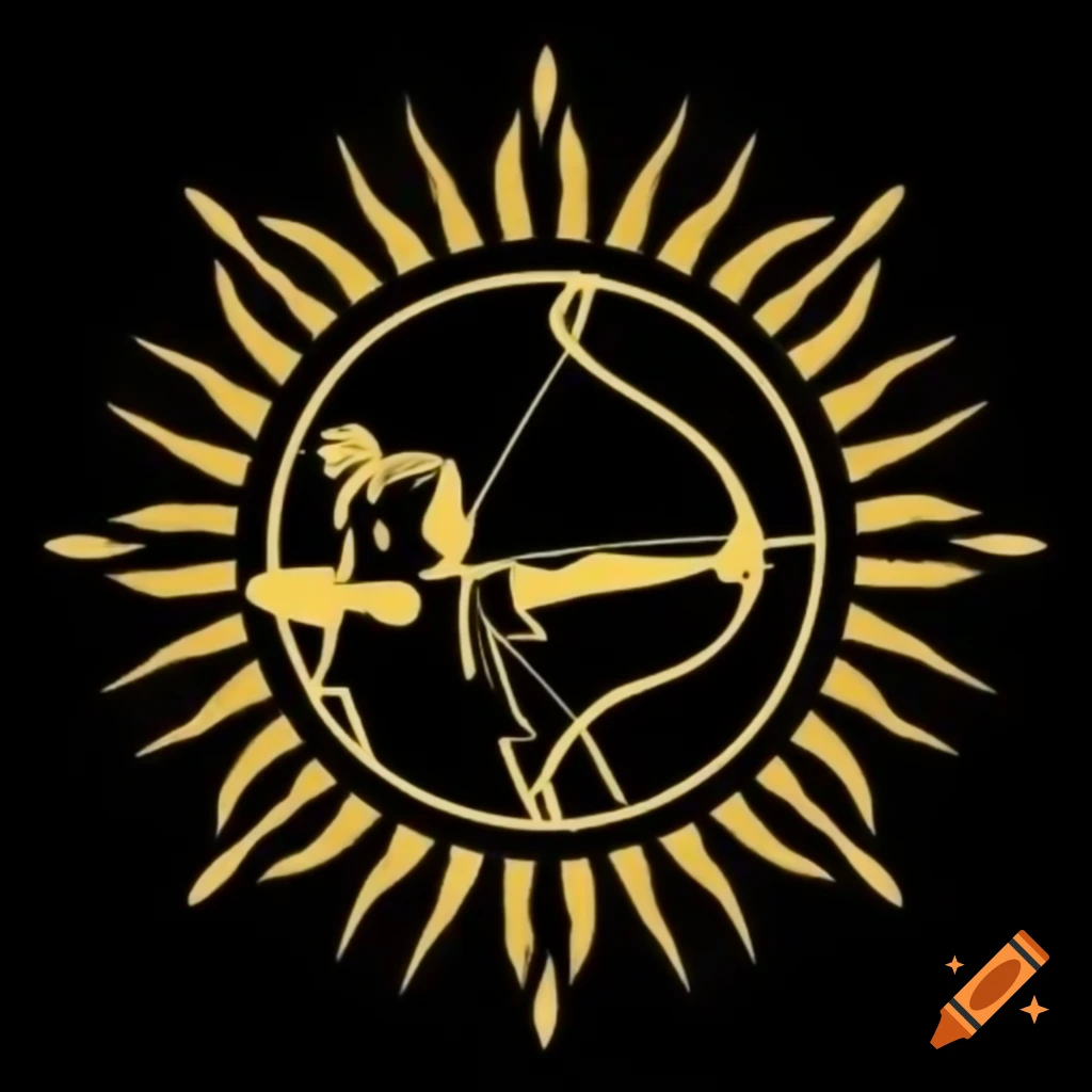 Gold outline of pagan woman archery with sun rays on black background