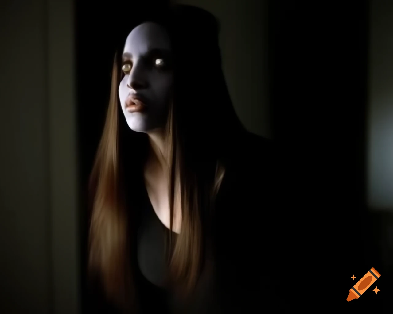 Ominous shadow of African-American woman with glowing eyes in dark apartment