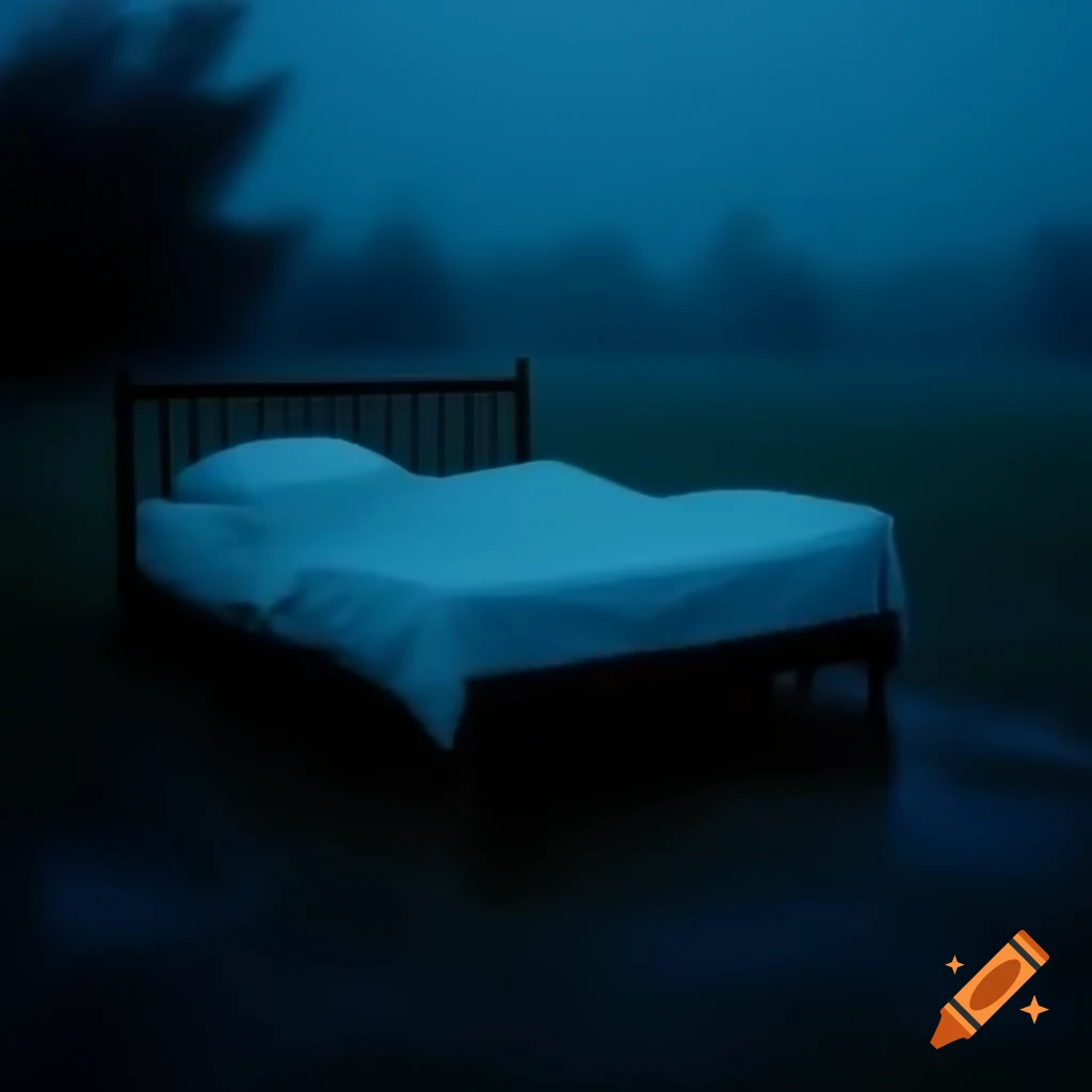Bed placed outdoors at midnight surrounded by fog
