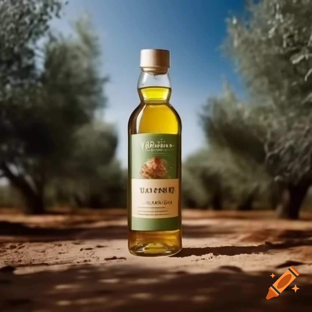 Olive oil bottle Bascio with olive trees in landscape