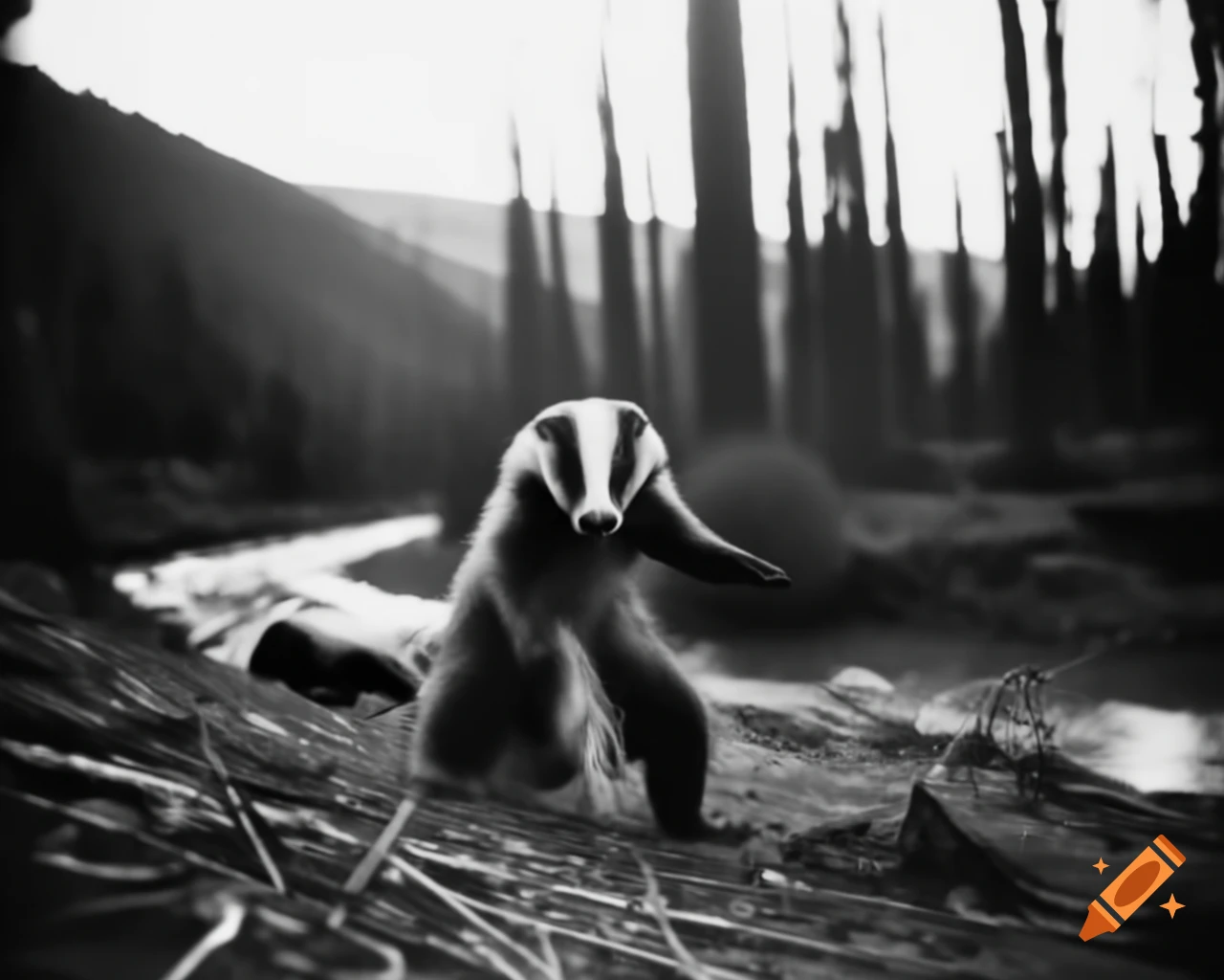 Found footage of anthropoid animal with badger snout walking on hindlegs near dried river bank