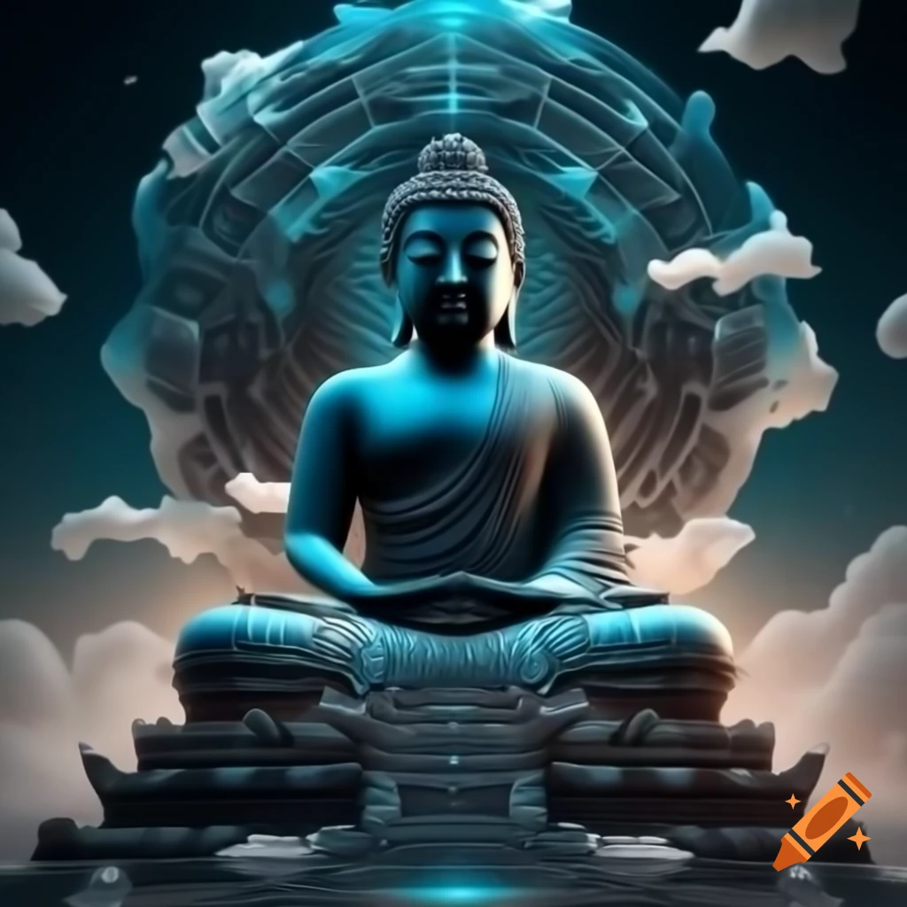 Chinese Eight Directions Yantra featuring Buddha surrounded by a cloud world in artistic style
