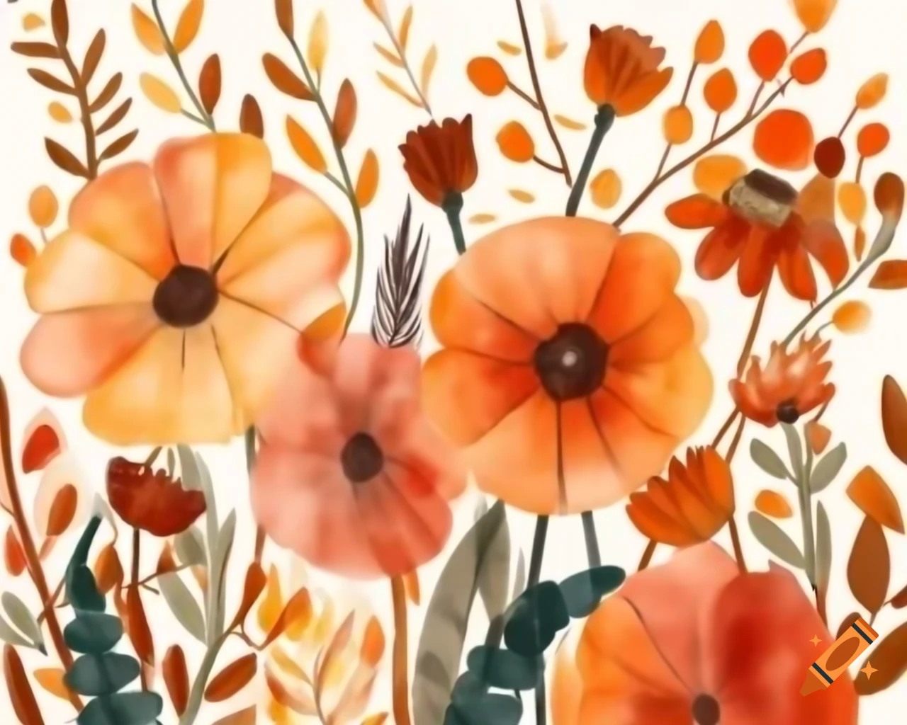 Colorful autumn flowers in watercolor shades of orange, bronze, and rust