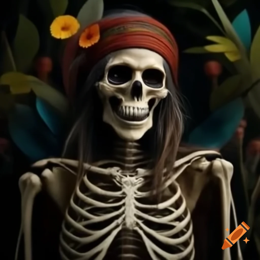 Skeleton hippie character with colorful attire