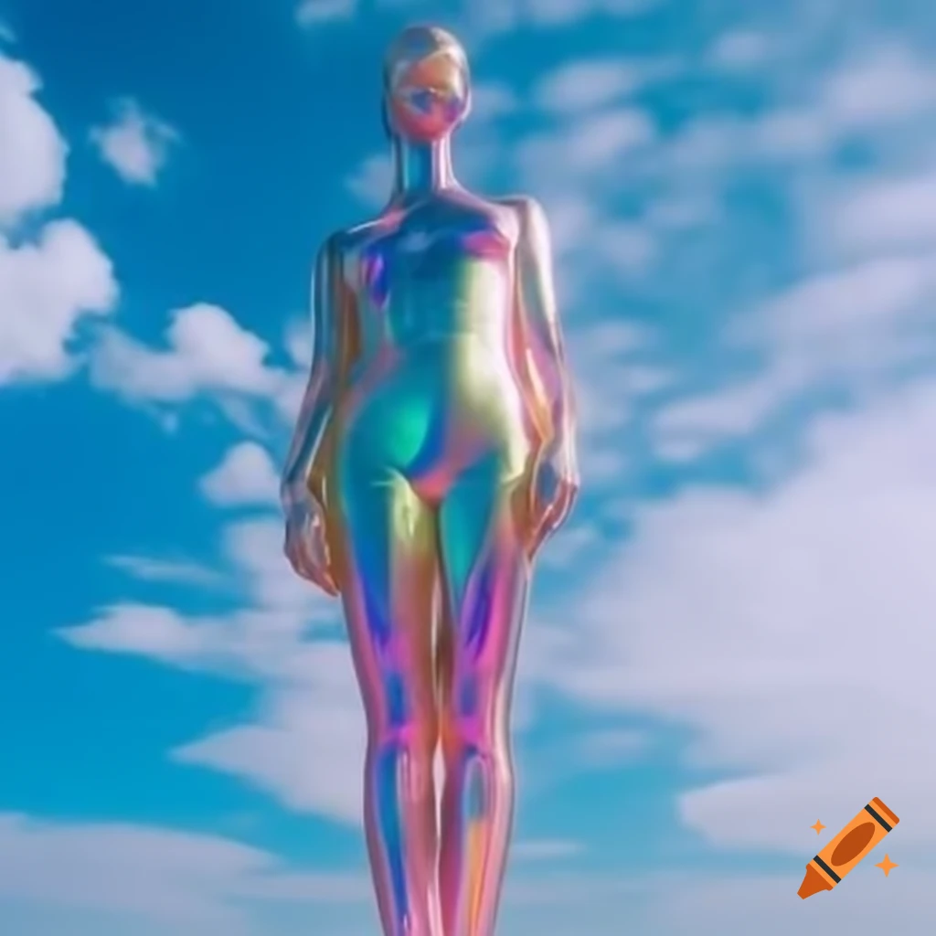 Iridescent statue against bright sky in pop surreal 2000's style