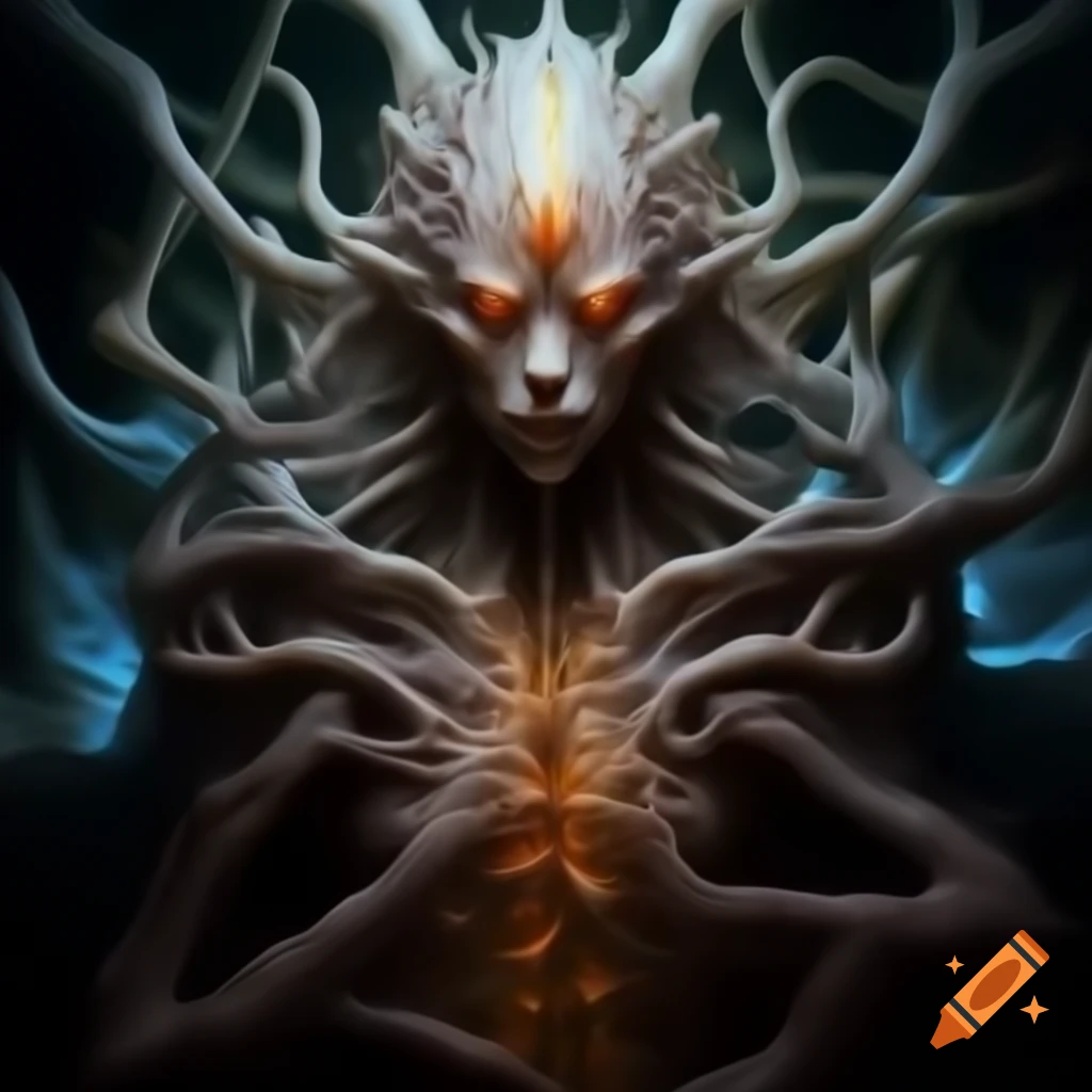 Glowing deity with intricate topographical map-like skin